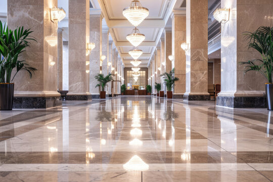 Interior of luxury lobby of modern commercial building, clean shiny floor in office hall after professional cleaning service. Concept of marble tile, light, corporate hallway, upscale