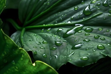 Macro water droplets on a green leaf.