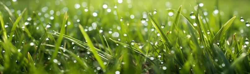 Naklejka premium Drops of water on green grass glisten in morning.
