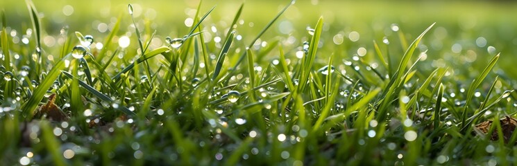 Fototapeta premium Drops of water on green grass glisten in morning.
