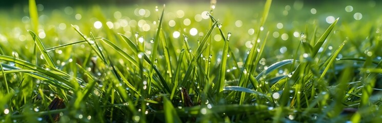 Drops of water on green grass glisten in morning.