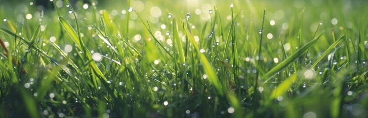 Fototapeta na wymiar Drops of water on green grass glisten in morning.