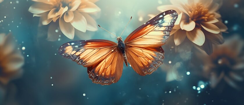Fototapeta Nature background with orange butterfly and twinkling lights.
