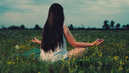 Poster Young woman sits in lotus position on meadow in evening. Lady meditates sitting in yoga pose without thinking among flowers. Brunette woman tries to connect with nature on field at weekend © zoteva87