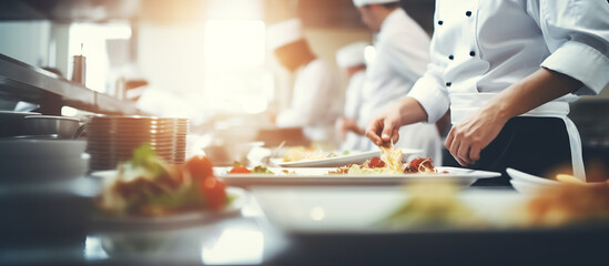Professional Chefs Preparing Gourmet Salads in Commercial Kitchen - Powered by Adobe