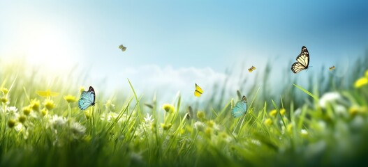 Beautiful butterflies fly over the grass and flowers on summer day.