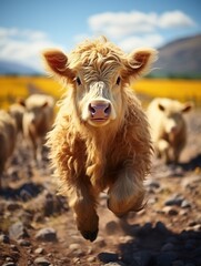 Close-up of a running highland cow calf with blurred background