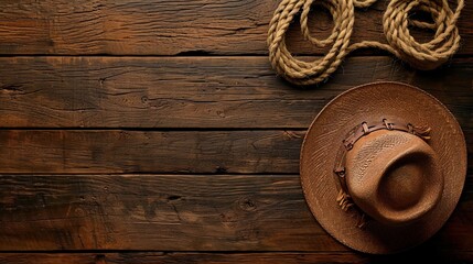 Cowboy hat and rope on wooden background. Top view with copy space, ai generative