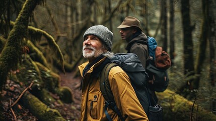 Senior man hiking in the forest with his son. Travel and adventure concept. AI generative