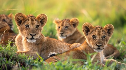 Lion cubs in the grass in Maasai Mara National Park in Kenya, ai generative - obrazy, fototapety, plakaty