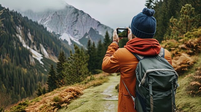 Hiker taking photo of mountain landscape with smartphone in his hand, ai generative