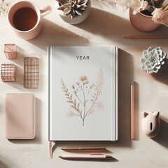 Feminine year planner or notebook with stationary with cup of coffee. 