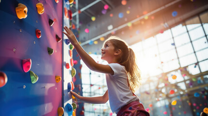 athletic girl in sportswear climbs a climbing wall with belay, sports ground, training, climber, rock relief, healthy lifestyle, active recreation, hobby, energetic person, muscles, height, agility - obrazy, fototapety, plakaty