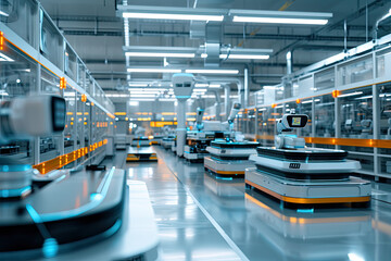 A row of robots in a factory with a display that says ' ii ' on it - obrazy, fototapety, plakaty