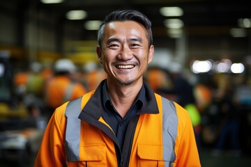 Portrait of a smiling Asian male worker in an industrial setting - obrazy, fototapety, plakaty