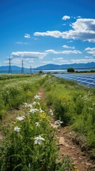 Field of solar panels with white flowers in foreground