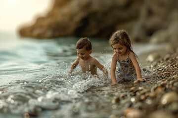 Fototapeta premium A boy and a girl are playing in the water