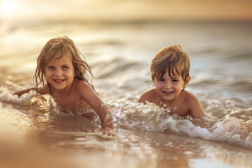 A boy and a girl are playing in the ocean