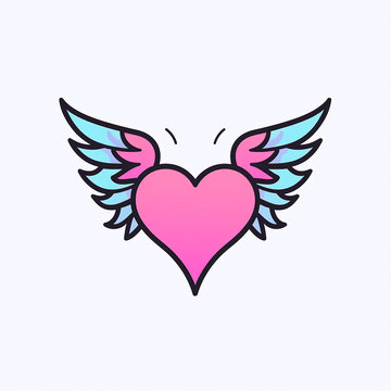 Heart with wings and a halo. Valentines Day symbol. Angel of Love. Vector illustration. Hand drawn cartoon clip art with outline
