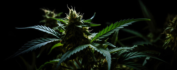 close up of cannabis plant on black background