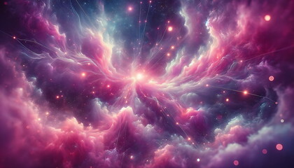 Fototapeta na wymiar A Symphony of Abstract Starlight and Pastel Nebulae. Abstract starlight weaves through pink and purple clouds of stardust. Space background