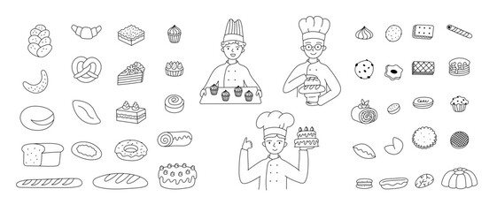 Doodle set bakery products. Cookies, and cakes collection. Various kinds of breadstuff. Bread rolls, bagel, sweet bun and croissant. Dessert and delicacy