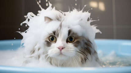 Cat bath. Funny wet cat. Girl washes cat in the bath. Woman shampooing a tabby gray cat in a...