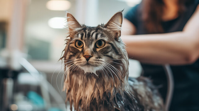 Cat bath. Funny wet cat. Girl washes cat in the bath. Woman shampooing a tabby gray cat in a grooming salon.