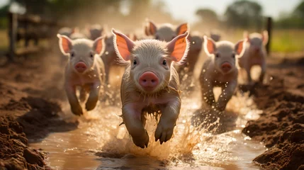 Fotobehang Piglets running in the mud © Adobe Contributor