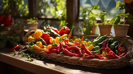 Assorted freshly harvested vegetables in woven basket, vibrant colors, warm natural light