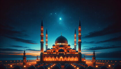 Mosque wallpaper background that shines at dawn and looks beautiful and charming - obrazy, fototapety, plakaty