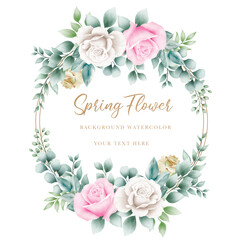 Watercolor pink floral wreath with golden circle