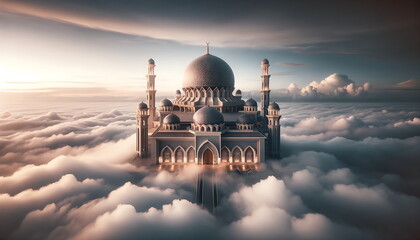 A scenic view of a mosque located above the clouds during the morning. The sky is filled with the soft light of sunrise, casting a warm glow over the clouds. The mosque, with its beautiful dome. - obrazy, fototapety, plakaty