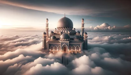 Foto op Canvas A scenic view of a mosque located above the clouds during the morning. The sky is filled with the soft light of sunrise, casting a warm glow over the clouds. The mosque, with its beautiful dome. © Aksaka