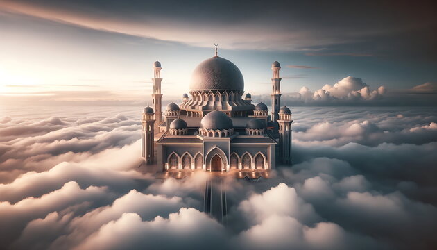 A scenic view of a mosque located above the clouds during the morning. The sky is filled with the soft light of sunrise, casting a warm glow over the clouds. The mosque, with its beautiful dome.