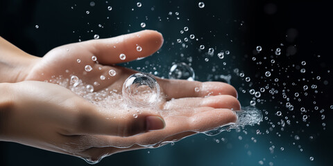Hands in water with soap bubbles, close up shot