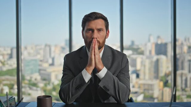 Portrait stressed businessman thinking future development. Mature director look