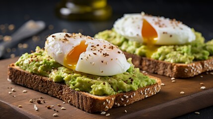 Scrumptious whole grain toast topped with creamy mashed avocado and perfectly poached eggs. - obrazy, fototapety, plakaty