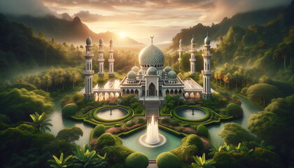 A mosque in a lush, verdant setting with a beautiful fountain. The mosque, with its warm tones of oranges, yellows, and golds. can use for greeting card, wallpaper, presentation, and background.