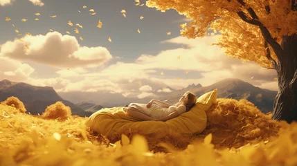 Fotobehang carefree woman lying on yellow beanbag in autumn © Molostock