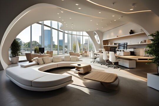 Modern office interior design with curved sofa and large windows