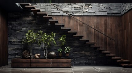 Fototapeta na wymiar Inviting and warm rustic hallway with beautiful wooden staircase and striking stone cladding wall