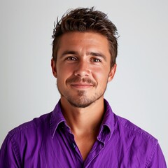 Fototapeta premium Middle-aged businessman wearing a purple shirt Casual entrepreneur Portrait of a middle-aged adult adult man smile happily Isolated on white, copy space.
