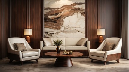 Fototapeta na wymiar Mid century modern living room with brown lounge chairs, white sofa, round coffee tables