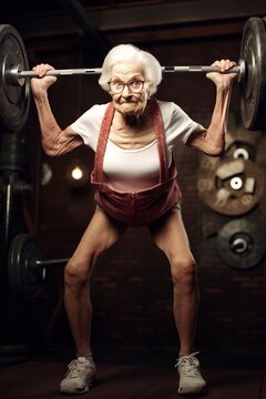Strong elderly woman lifting weights
