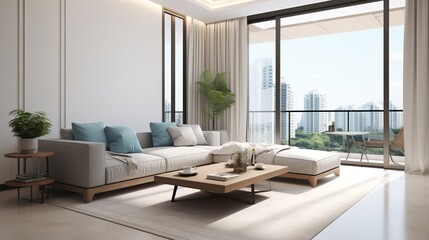 Elegant and sophisticated minimalist style interior design of a modern living room with a sleek tv