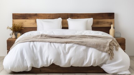 Rustic wooden bed against empty white wall with copy space in scandinavian loft bedroom