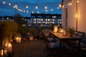 cozy rooftop terrace with string lights and candles at dusk