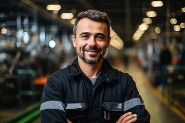 Portrait of a happy male factory worker in uniform