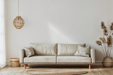 Modern boho living room interior with empty white wall, a light brown sofa, a rug, a dry plant and a lamp. Minimalist interior for mockup with copy space.